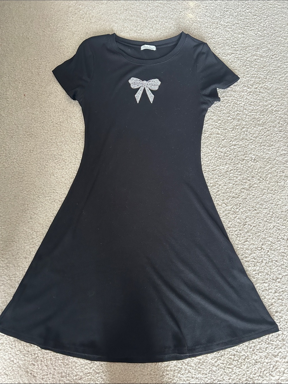 Girls' Black Short-Sleeve A-Line Dress with Sparkle Bow